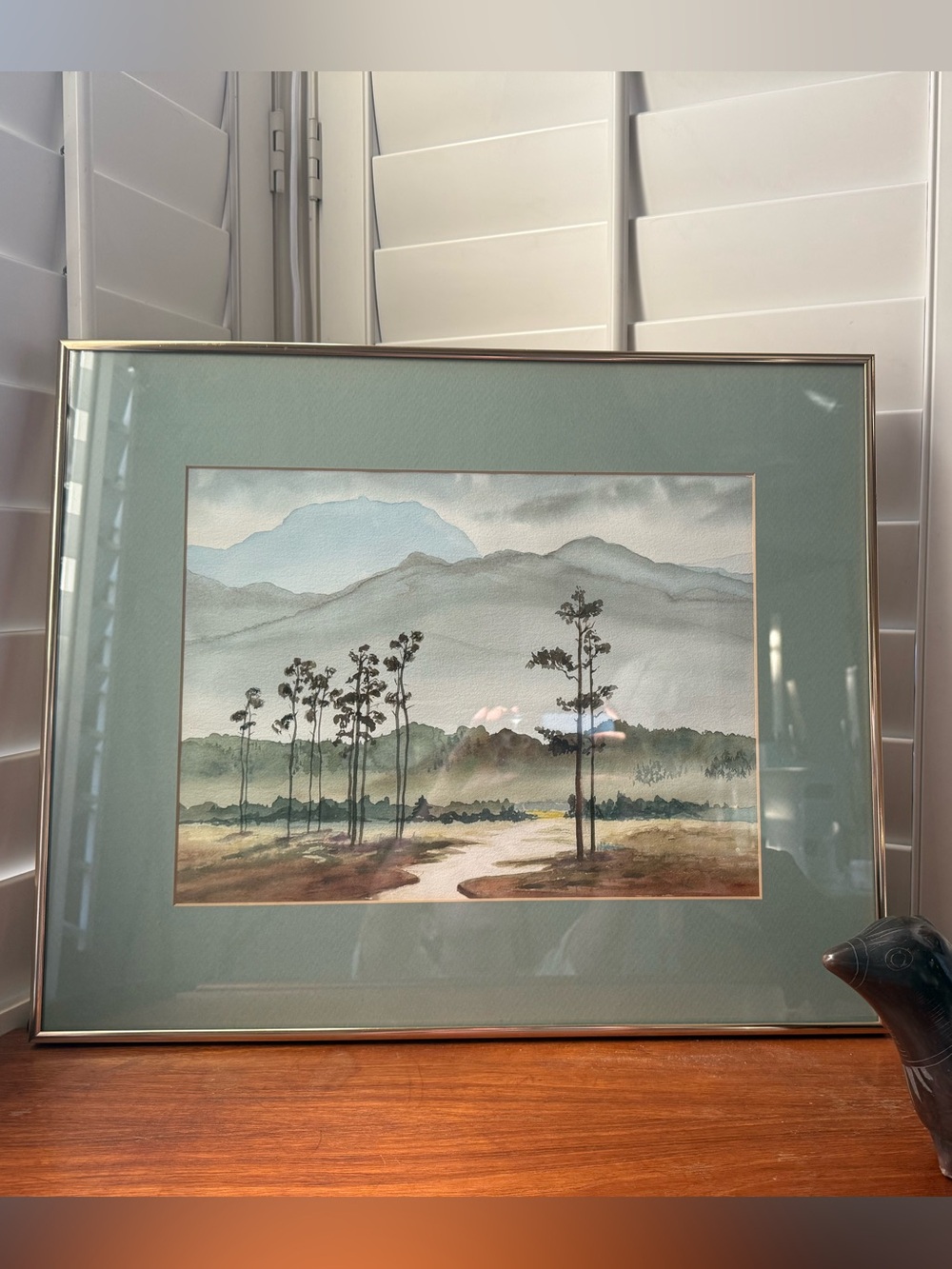 Framed Original Landscape Watercolor Painting in Sage Green Mat